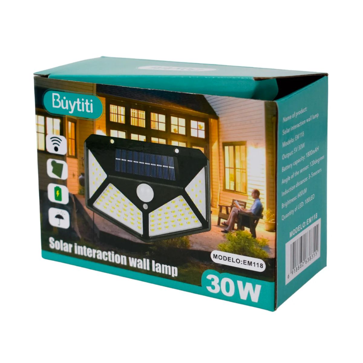 Lámpara LED solar c/ sensor movimiento 30W EM118